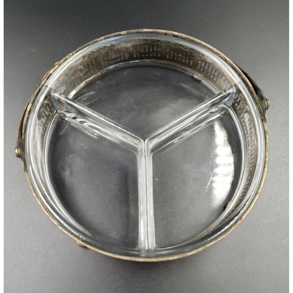 Art Nouveau Divided Glass Bowl with Distressed Silver Plate Holder Candy Snacks - Picture 16 of 16